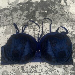 Victoria Secret navy blue and black strappy lace very sexy push up bra